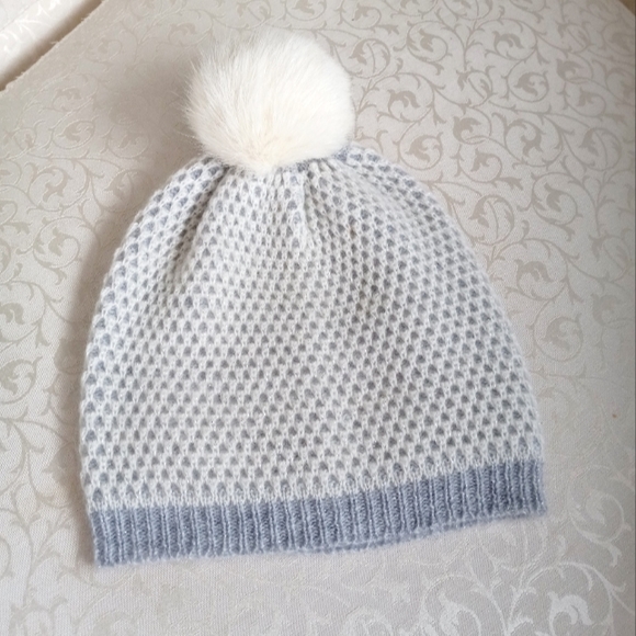 Qi Cashmere Accessories - Qi Cashmere Honeycomb Two Tone Cashmere Beanie Rabbit Fur Pom Pom OS